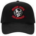 A black trucker hat with a red and white graphic on the front. The graphic features a skull with spiky hair, with the text 'MOSH PITS AND IBUPROFEN' in red arched above and below it.