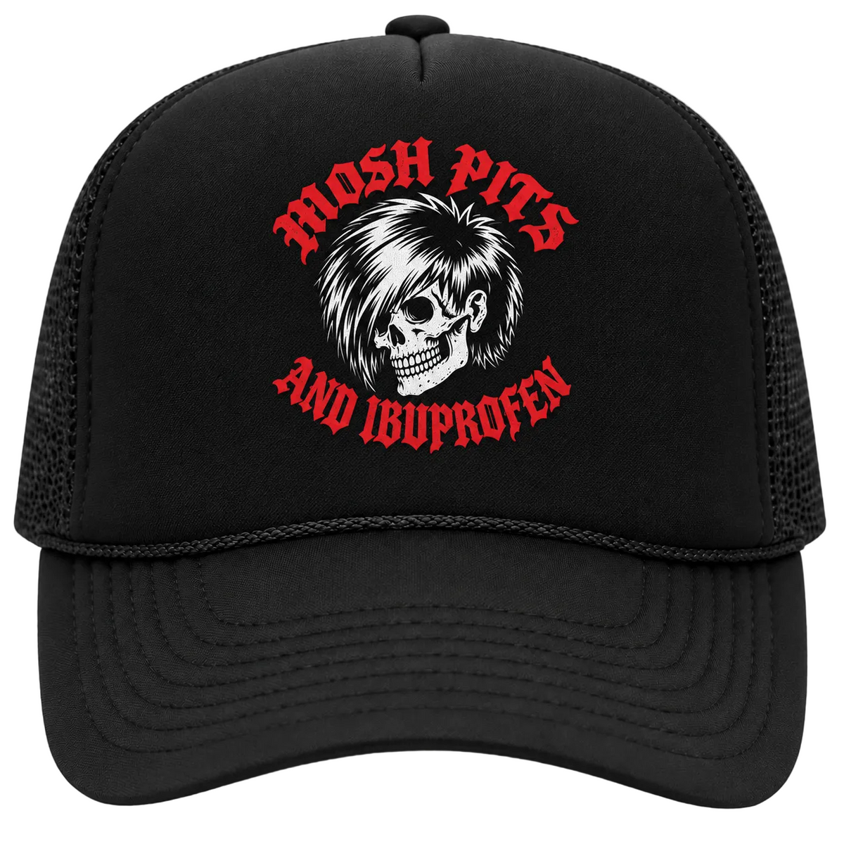 A black trucker hat with a red and white graphic on the front. The graphic features a skull with spiky hair, with the text 'MOSH PITS AND IBUPROFEN' in red arched above and below it.
