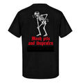 A black short-sleeve t-shirt shown from the back, featuring a white graphic of a dancing skeleton and red gothic text that reads 'Mosh pits and ibuprofen' on a white background.